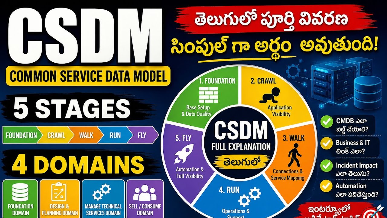 ServiceNow CSDM Explained in Telugu | Crawl Walk Run Fly + Domains ...