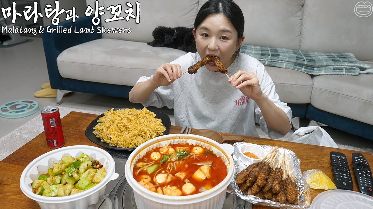 Настоящий мукбанг :) Малатанг и шашлык из баранины на гриле☆ Рис с яйцом, китайский салат из огурцов