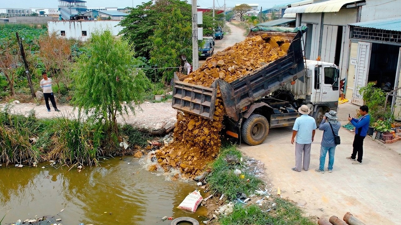 First Start Amazing Project! Delete Useless Canal Using Dozer D20P Pushing Stone with 5Ton Trucks