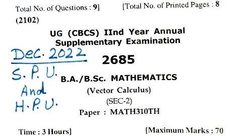 #Vector Calculus#B. A. /B. Sc. Second Year#MATH310TH#QUESTION PAPER #SUPPLEMENTRY #H.P.U. & S.P.U.