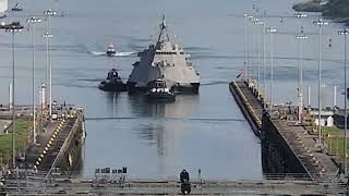 New Panama Canal. Last chamber of 3 Locks. LCS Littoral Combat Ship in 1st lock behind our Princess.