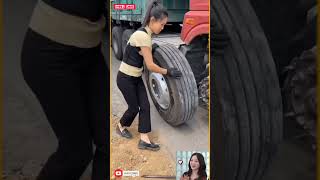 Chinese Girl Changing Truck Tire | Truck Punctured Tire Replacement