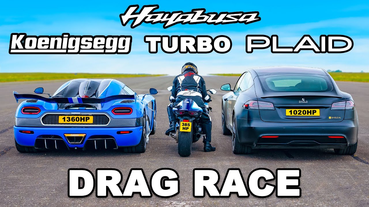 ⁣Koenigsegg v Tesla Plaid v Turbo Hayabusa: DRAG RACE