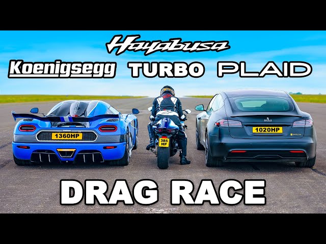 Koenigsegg v Tesla Plaid v Turbo Hayabusa: DRAG RACE class=