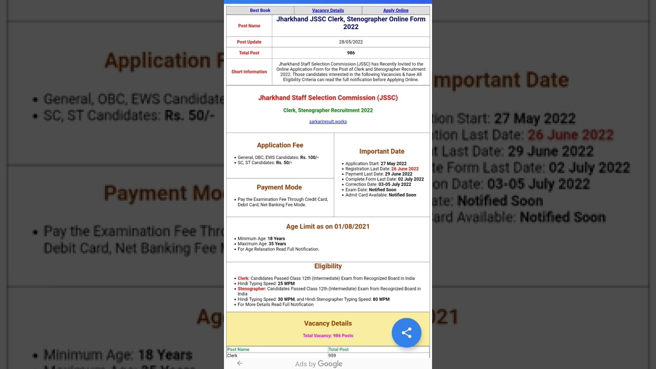 Jharkhand JSSC Clerk, Stenographer Online Form 2022 