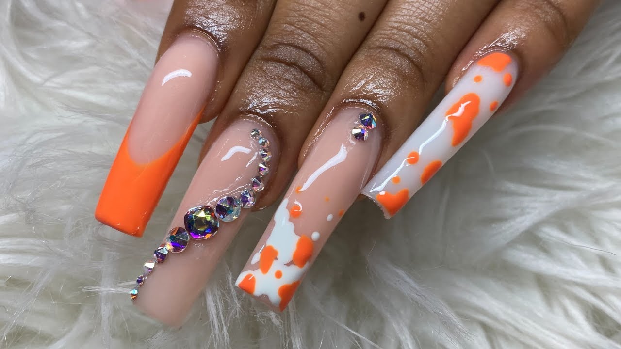 XL Orange Bling Nails | Watch Me Work | Acrylic Nail Tutorial | Clarissa Ama