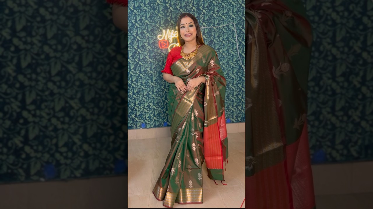 Red & green kanjivaram silk saree styling for Durga Puja😍 