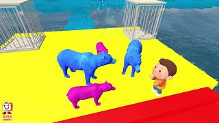Colorful Animals Race On Colorful Slides To Save Their Kids , Tiger , Bear , Rabbit , Cow Race