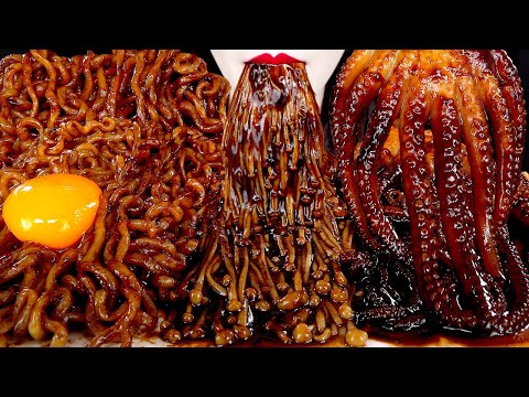 ASMR SPICY <strong>ENOKI</strong> MUSHROOMS OCTOPUS BLACK BEAN NOODLES &amp; 짜장불닭팽이버섯 낙지 트러플짜파게티 먹방 MUKBANG EATING