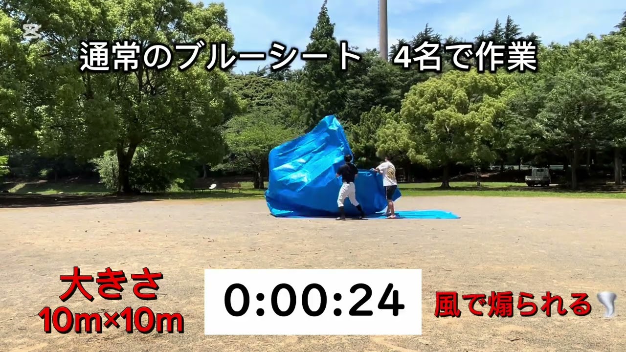 10秒で開閉可能な 「SAT！開く防災シート」。通常のビニールシートとの 