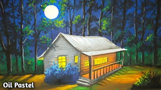 Beautiful Full Moonlight Night Scenery Drawing /Oil Pastel Drawing /Easy house  drawing of nature