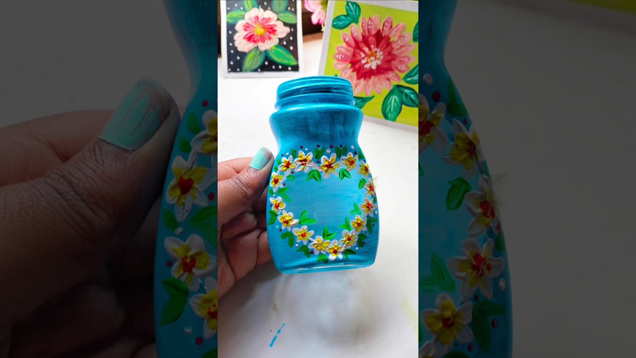 Glass jar paint 💙💙🌸🌿 