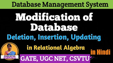 L3.20 Modification of Database in Relational Algebra | Deletion, Insertion, Updating | DBMS