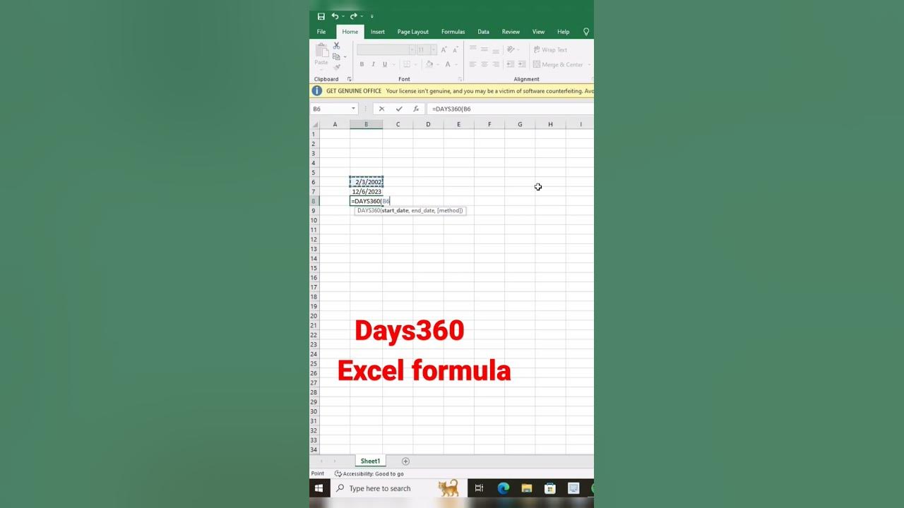 Excel l formula l days360 youtube youtubeshorts youtube