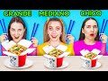 RETO DE COMIDA GRANDE VS. MEDIANA VS. CHICA || Reto sin manos, 1 mano y 2 manos por 123 GO Like!