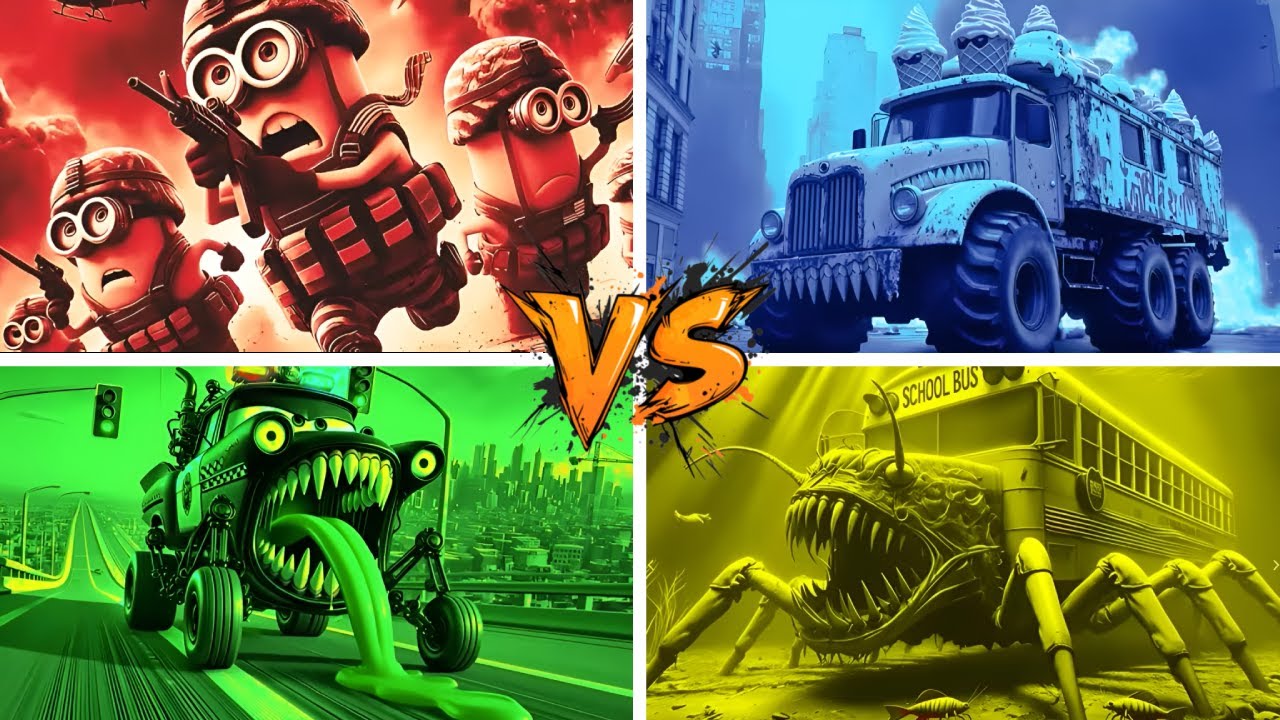 MINIONS PORODY🆚POLICE CAR MONSTER HEAD🆚MONSTER SCHOOL BUS🆚MONSTER ICE CREAM CAR