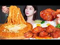 ASMR MUKBANG Super Cheesy Spicy Stir Fried Cheese Ramen X4 Spicy Seasoned Fried Chicken 