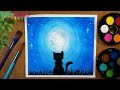 Cómo dibujar PAISAJE GATO EN LA NOCHE con acuarela - Paso a paso