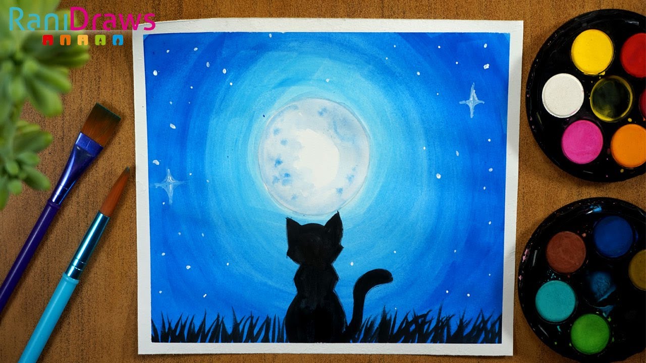 Cómo dibujar PAISAJE GATO EN LA NOCHE con acuarela - Paso a paso - thptnganamst.edu.vn