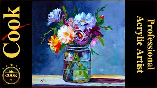 How to paint a Mason Jar of Flowers in Acrylics Painting Tutorial