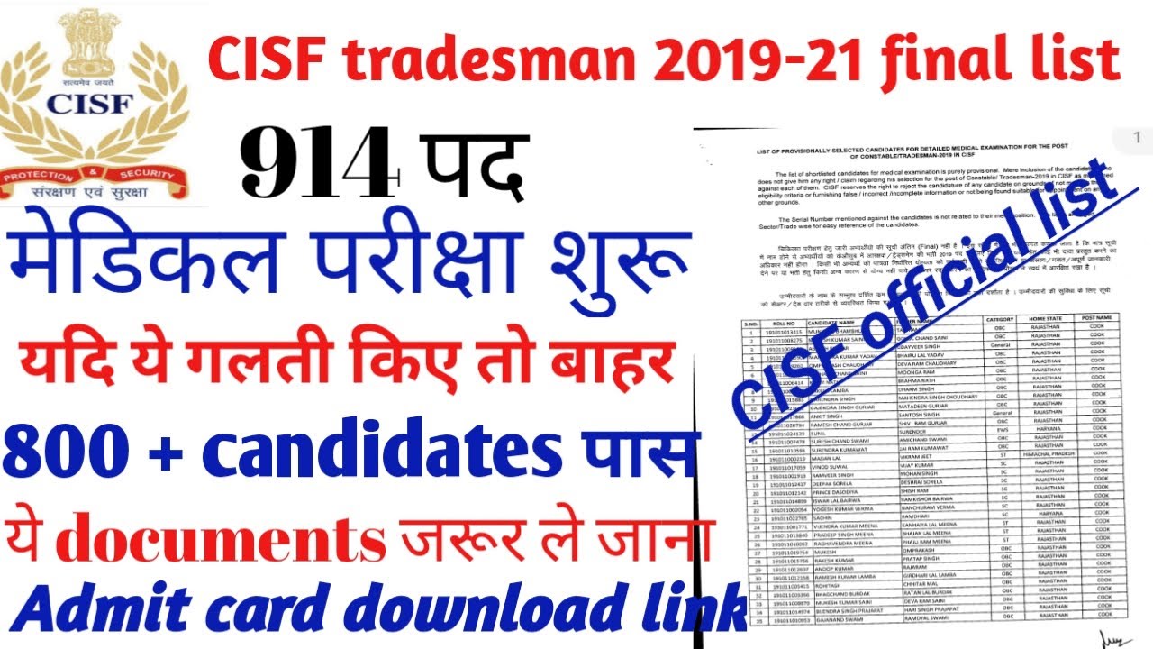 CISF tradesman 2019-2021final list for DME, इस दिन से डाउनलोड होगा एडमिट कार्ड,CISF TRADESMAN RESULT