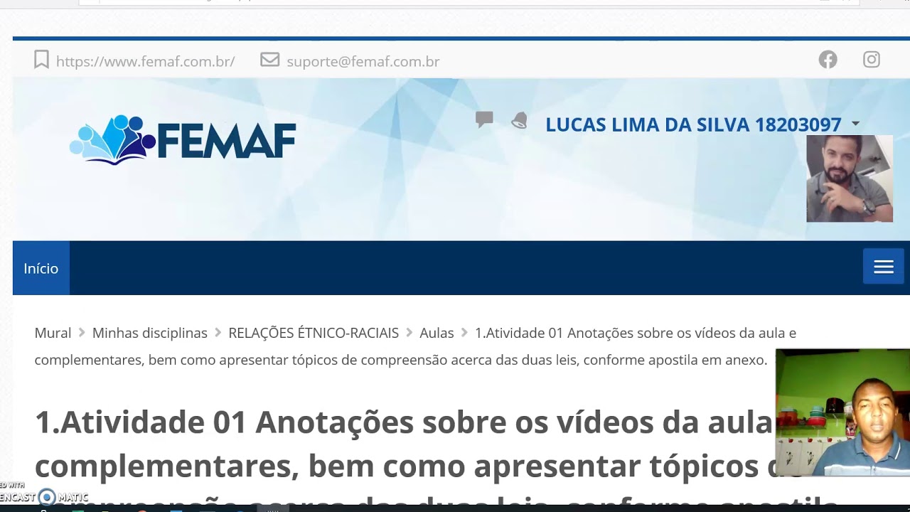 Vídeo explicativo - Como acessar o AVA FEMAF e enviar atividade 