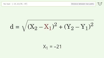 Find the distance between two points p1 (-21,41) and p2 (70,-97): Step-by-Step Video Solution