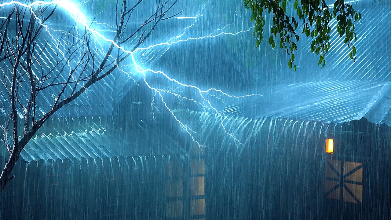 Immersed in Deep Sleep with Pouring Rain & Fierce Thunder on Fragile Metal Roof in Dark Night