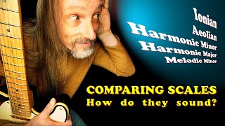 AURAL SCALE COMPARISON 🔴🔵 Aeolian, HM1, Melodic Minor, Ionian, Harmonic Major 🎸 Guitar-Nerdery #122