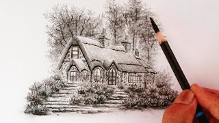 How to draw house, trees,and bushes by pencil with easy ways // screenshot 1