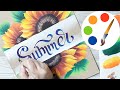 One Stroke, Lettering "Summer" by a flat brush, painting sunflowers