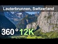 Lauterbrunnen. The valley of waterfalls and mountain peaks. Switzerland. Aerial 360 video in 12K