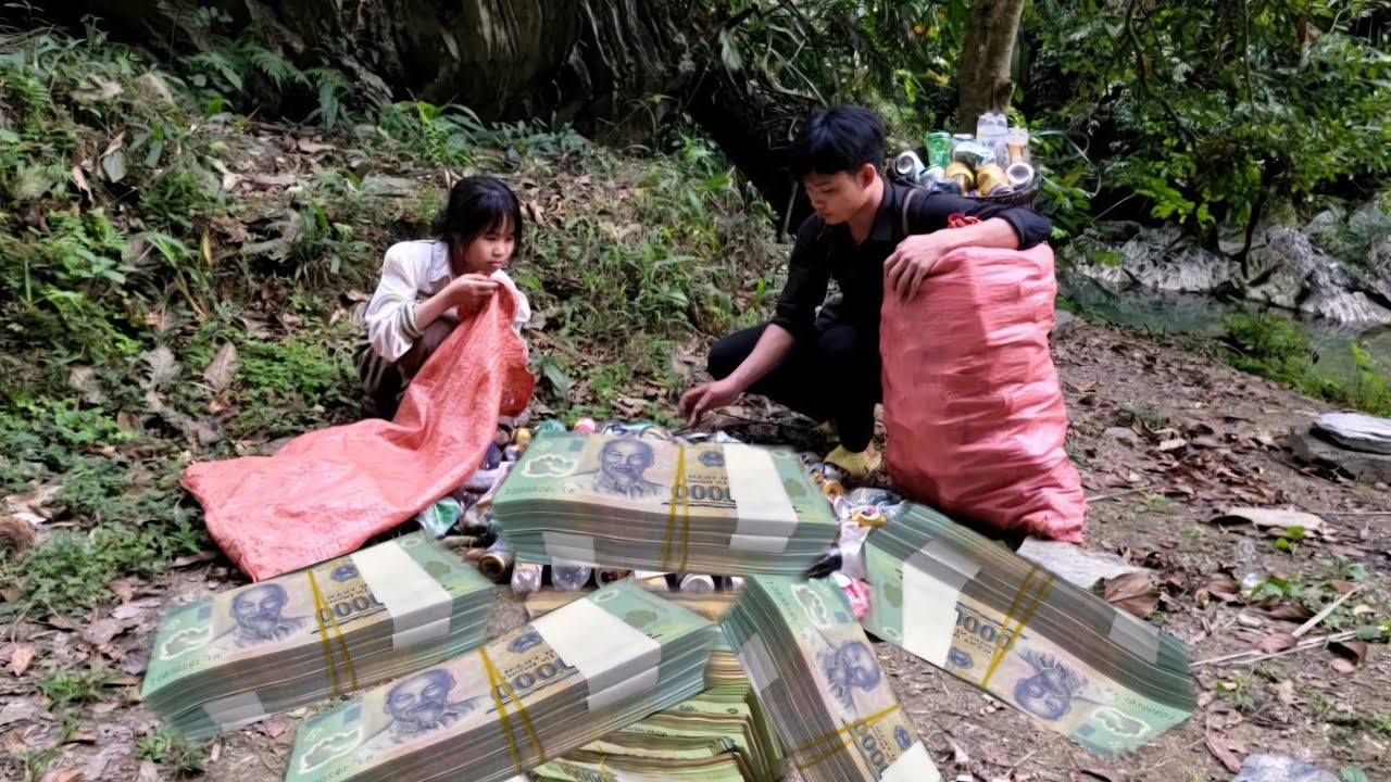 The poor boy and girl kept picking up coupons to sell to earn some money to buy things.