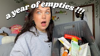 ENTIRE YEAR EMPTIES 2023 | all makeup & skincare i used up!