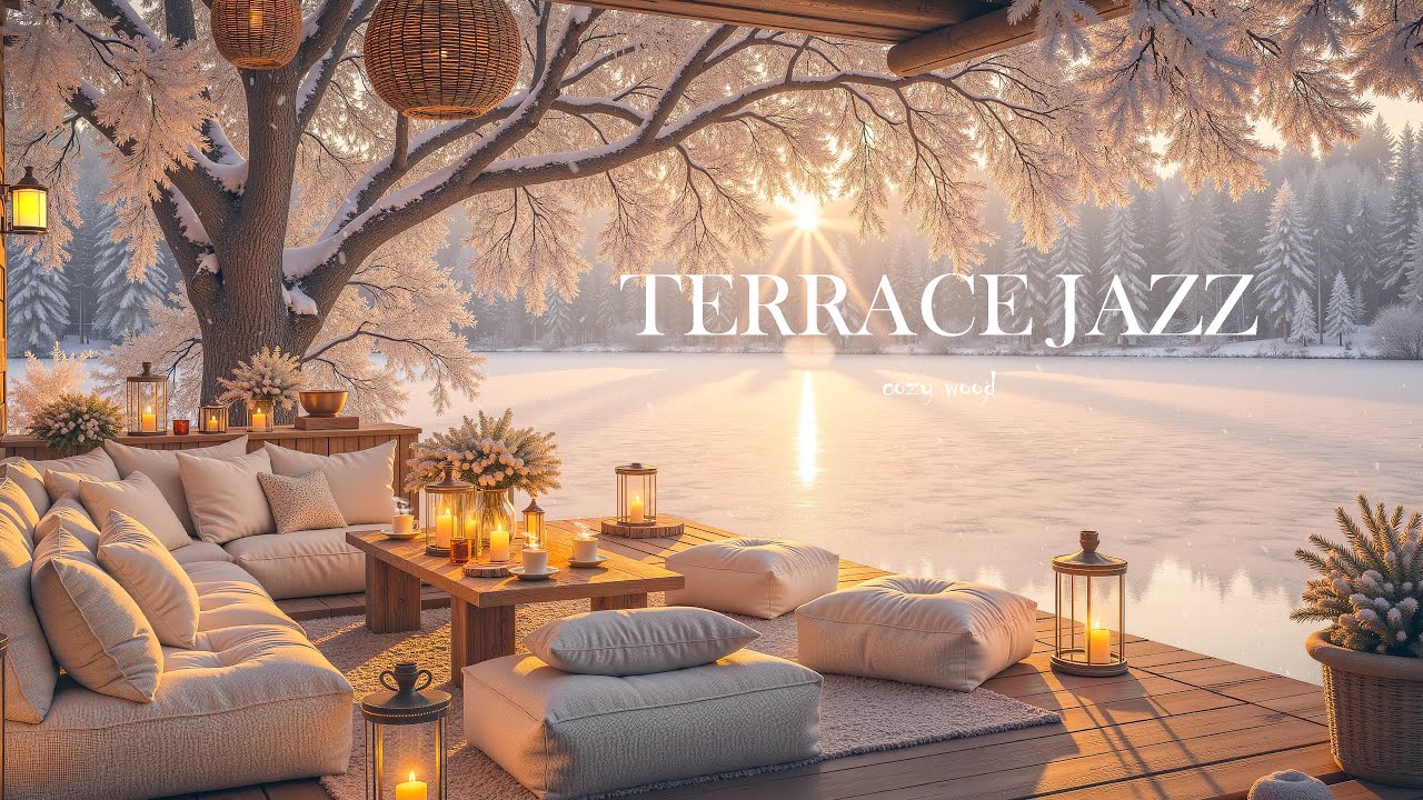 Snowy Lakeside Terrace Jazz | Warm Candlelight Ambience for Calm Focus 🔥 Soothing Jazz Piano Music