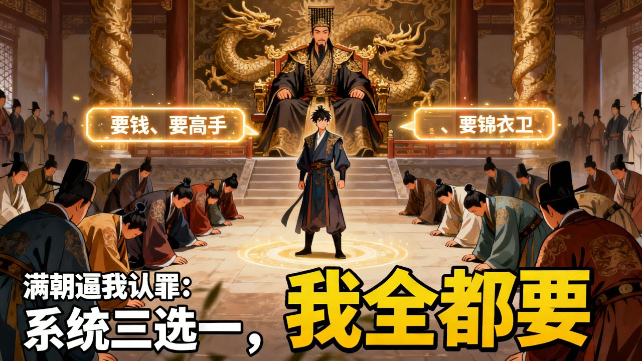 《滿朝逼我認罪：系統三選一，我全都要》滿朝文武跪求嚴懲六皇子，乾帝冷笑削爵發配，我激活抉擇系統：要錢、要高手、要錦衣衛？成年人不做選擇！#历史#玄幻#小说