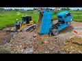 OHH Be Careful! Incredible Landfill! Dump Trucks 5Ton Back Unload Stuck &amp; DOZER Push Soil into water