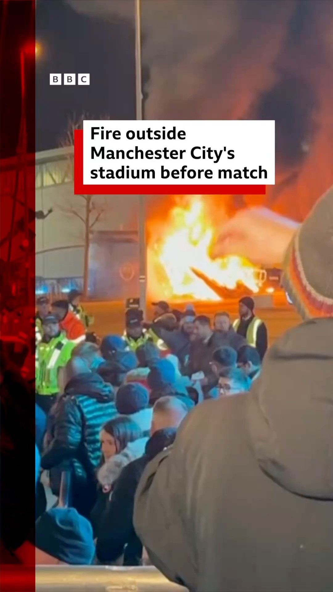 Firefighters tackle blaze outside Manchester City’s stadium ahead of game. #Football #UCL #BBCNews