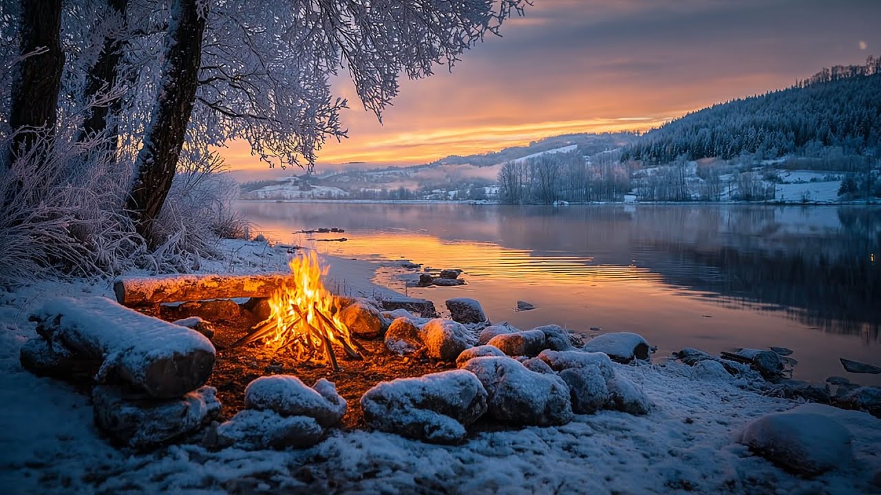 Winter Campfire Bliss 🔥❄️ Peaceful Lake Ambience and Mountain Views for Relaxation