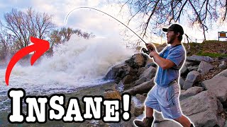 Trophy Fish Got Pushed Up Into This Raging Spillway!!! (It Was Loaded!!)