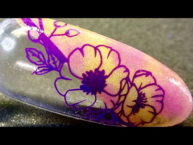 Demo_ Flower block stamping nail art with purple sticky stamping polish and sheer pigment _SheModern