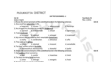 12th English Unit Test  1 Question Paper November 2021 Puthukottai District | 12th English Unit Test
