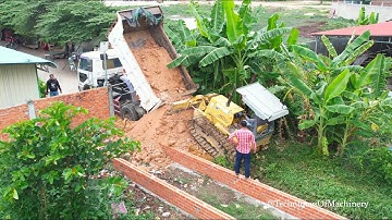 Start New Project, Best Incredible Komatsu D20P Dozer Pushing With Dump Truck Unloading Soil Road
