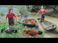 Women with monkey found chicken for cook at bamboo hut and eat ft a woman - Eating delicious