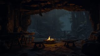 Deep sleep to the sound of a campfire in a cozy rain cave for stress relief, peaceful deep sleep