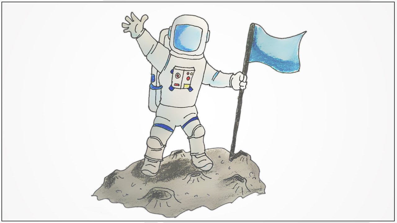 How to draw a Astronaut with a flag on moon surface step by step - YouTube