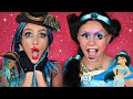 Disney Princess Jasmine and Uma Makeup and Costumes Blindfolded! Funny Kids Makeup!