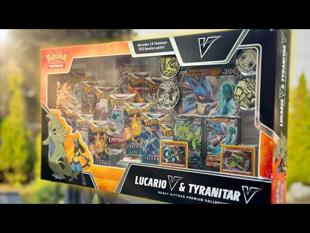 pokemon heavy hitters premium collection card set TCG Lucario V & Tyranitar V Box w/ Sleeves This pack includes four foil cards featuring Lucario V Opening a Heavy Hitters Premium