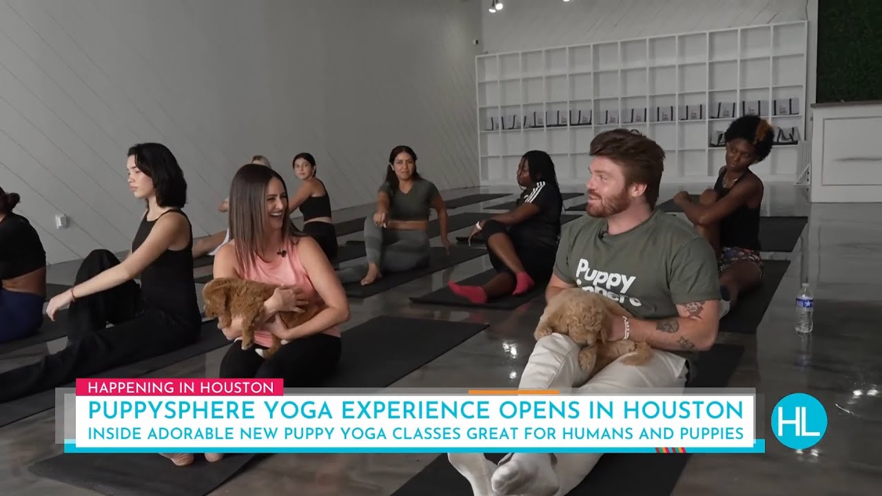 Houston Life television segment featuring a Puppy Sphere puppy yoga class