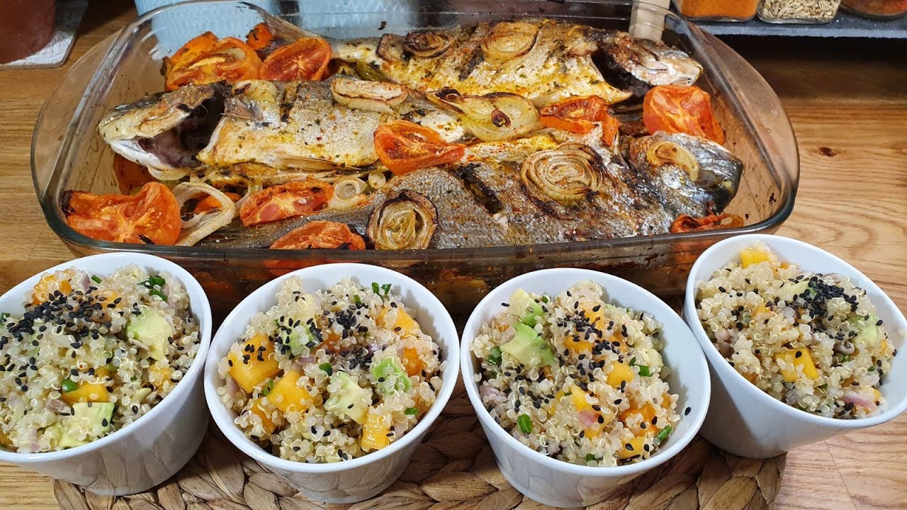 لا تحتاري اليك وجبة عشاء متكاملة سلطة الكينوا وصنية سمك بالخضر مشوية بالفرن